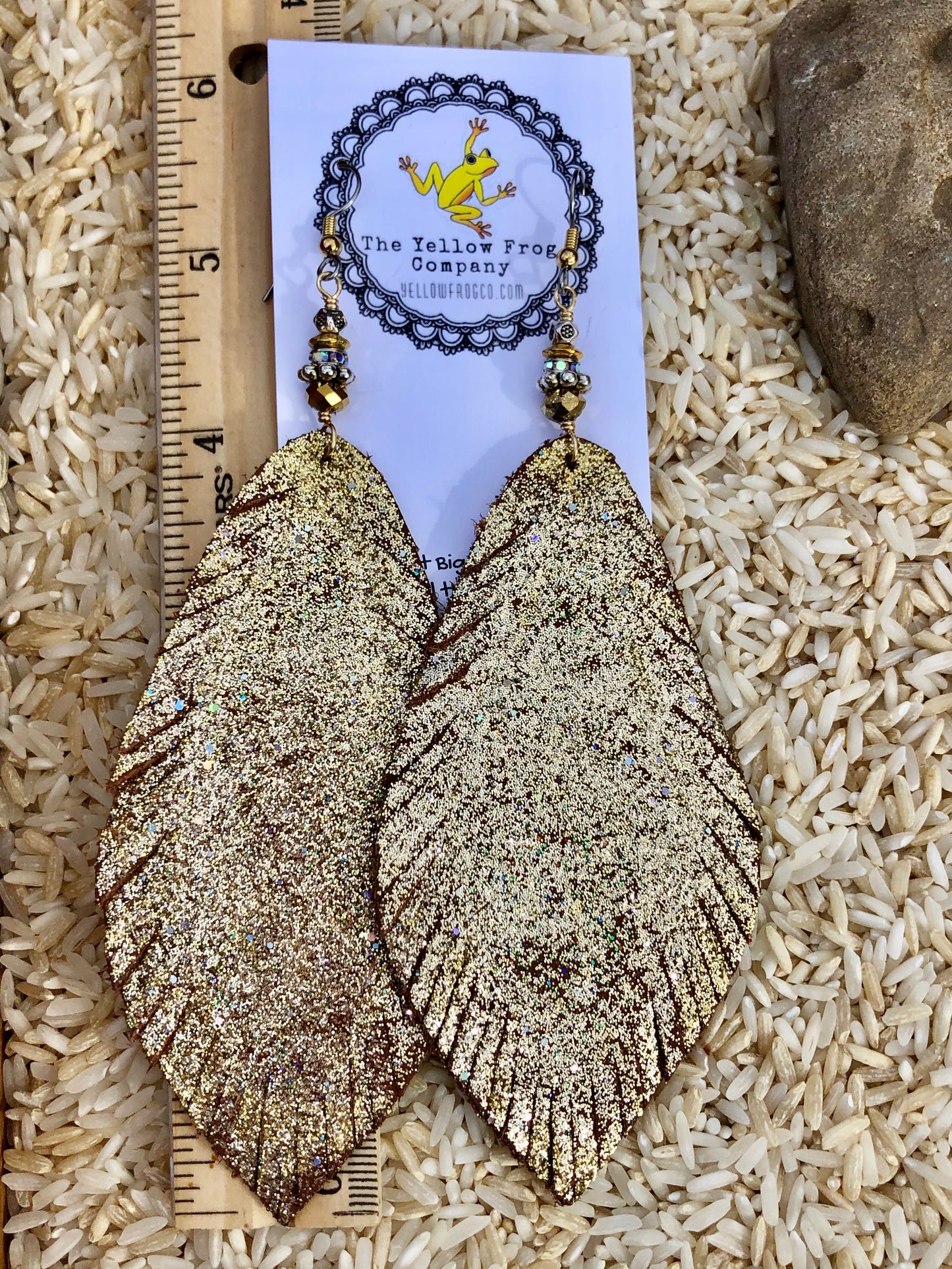 Yellowfrogco Large Light Gold Feather Earrings, Glitter Leather Statement Earrings, Oversized Feather Earrings, Big Leaves Earrings