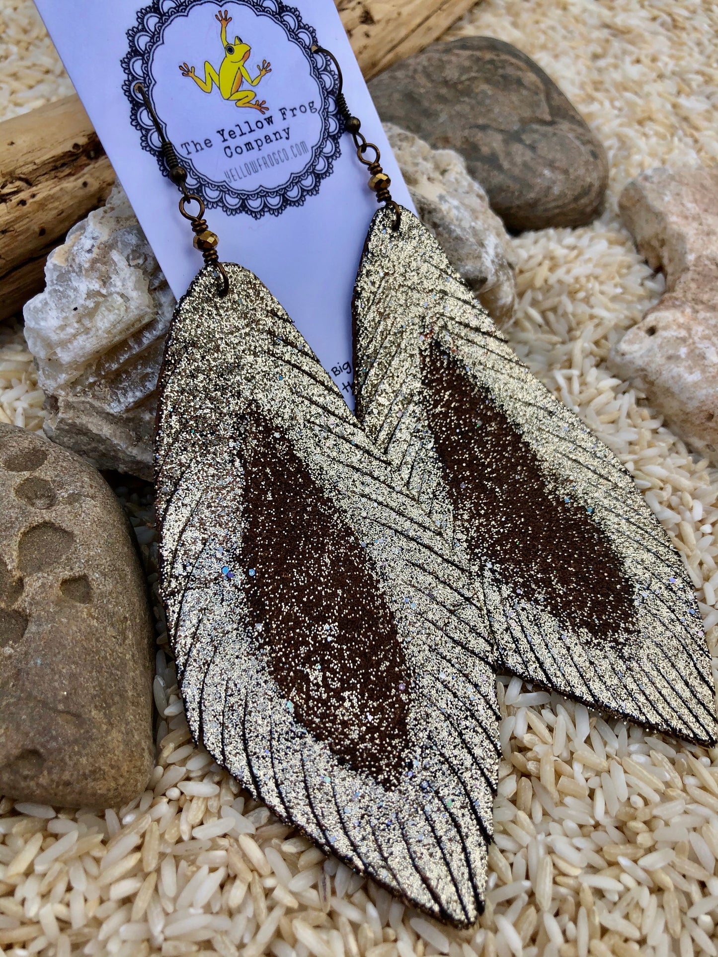 Yellowfrogco Large Light Gold Feather Earrings, Glitter Leather Statement Earrings, Oversized Feather Earrings, Big Leaves Earrings