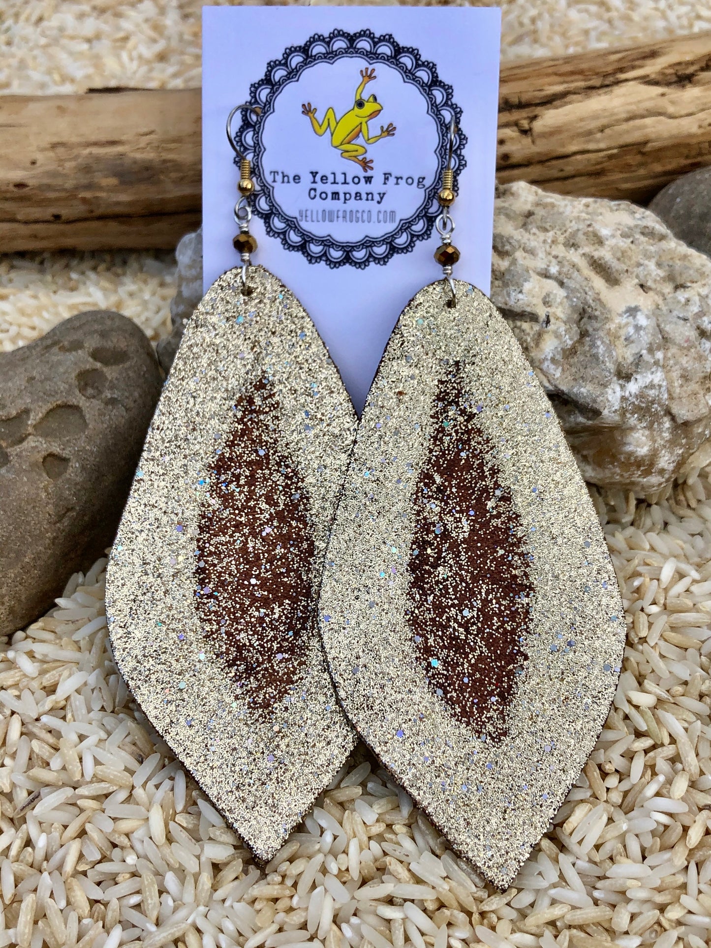 Yellowfrogco Large Light Gold Feather Earrings, Glitter Leather Statement Earrings, Oversized Feather Earrings, Big Leaves Earrings
