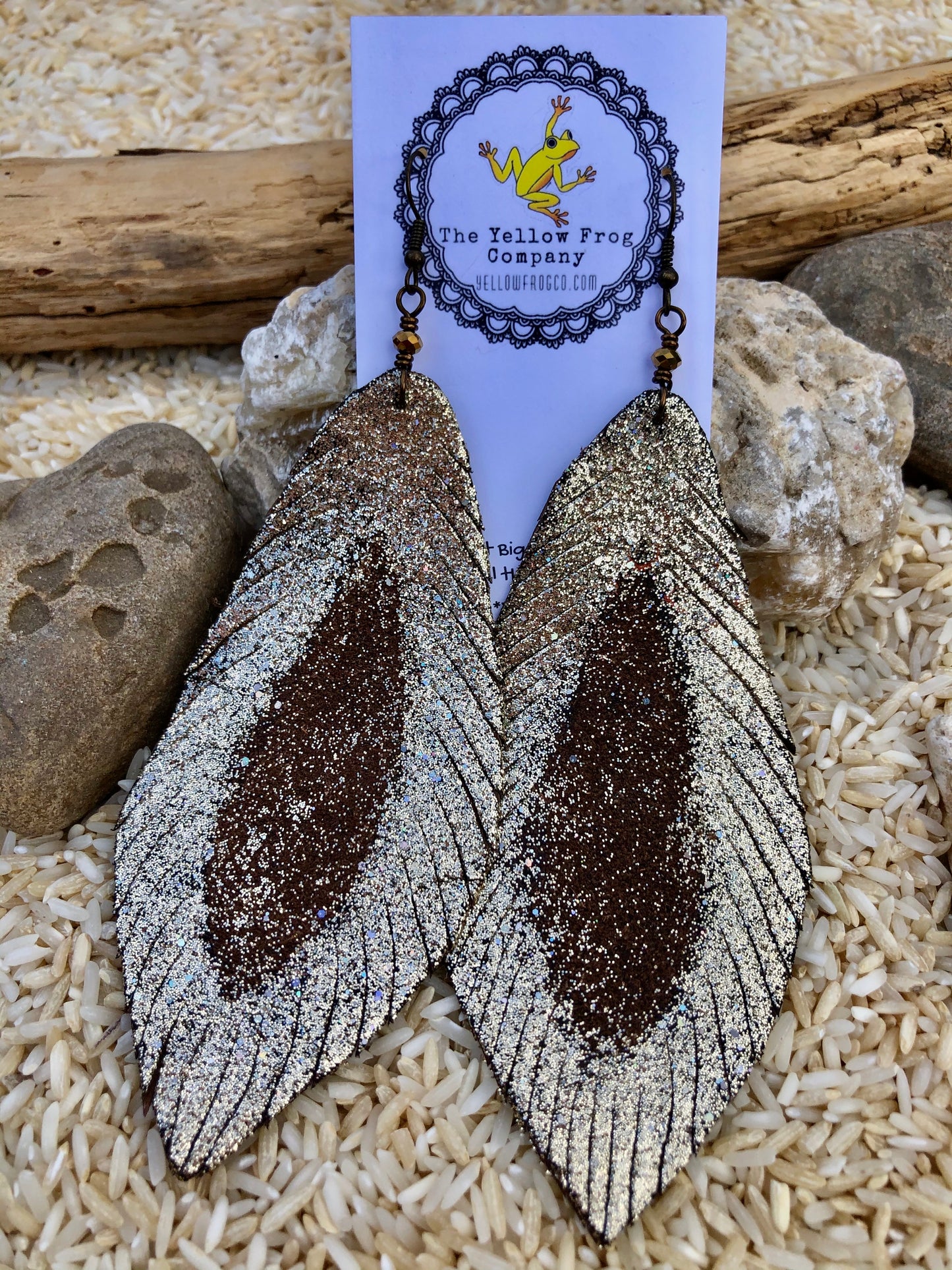 Yellowfrogco Large Light Gold Feather Earrings, Glitter Leather Statement Earrings, Oversized Feather Earrings, Big Leaves Earrings