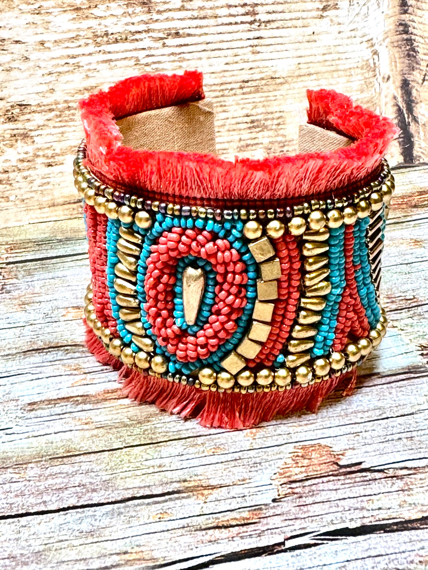 Beaded Cuff Bracelet Turquoise, Coral, Bronze