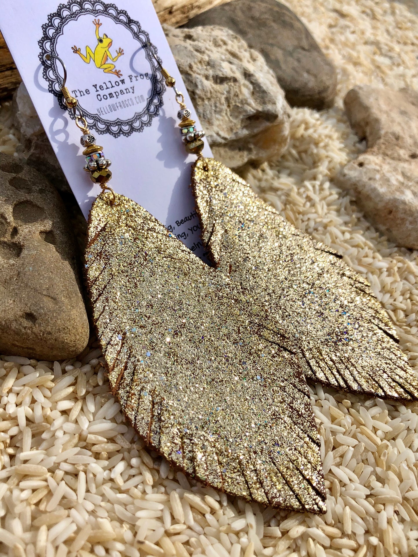 Yellowfrogco Large Light Gold Feather Earrings, Glitter Leather Statement Earrings, Oversized Feather Earrings, Big Leaves Earrings