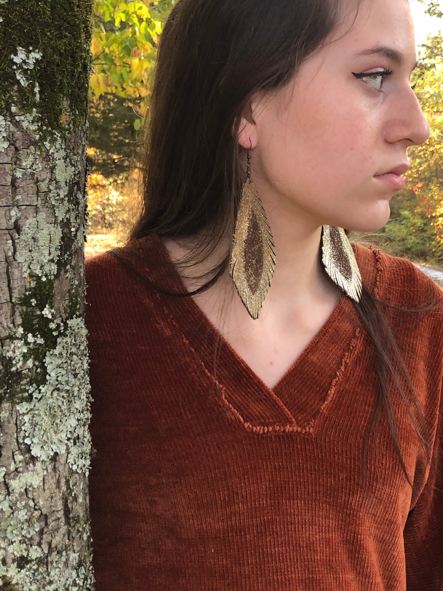 Yellowfrogco Large Light Gold Feather Earrings, Glitter Leather Statement Earrings, Oversized Feather Earrings, Big Leaves Earrings