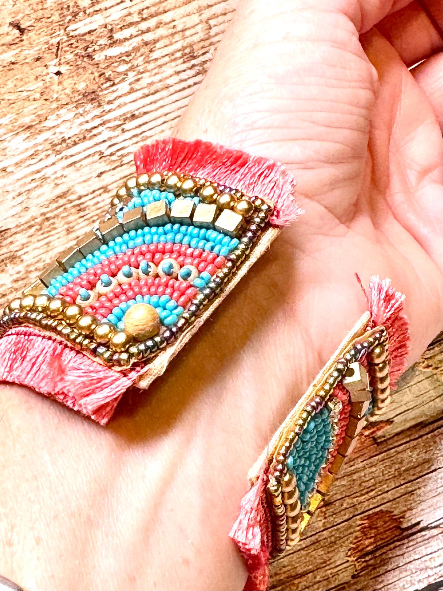Beaded Cuff Bracelet Turquoise, Coral, Bronze