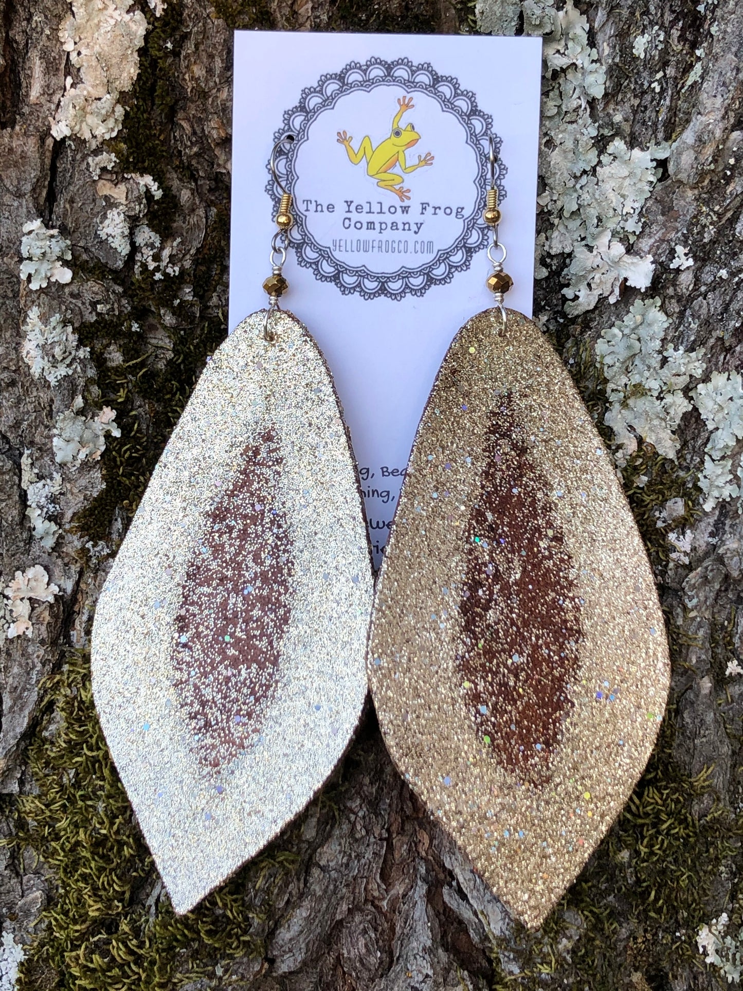 Yellowfrogco Large Light Gold Feather Earrings, Glitter Leather Statement Earrings, Oversized Feather Earrings, Big Leaves Earrings