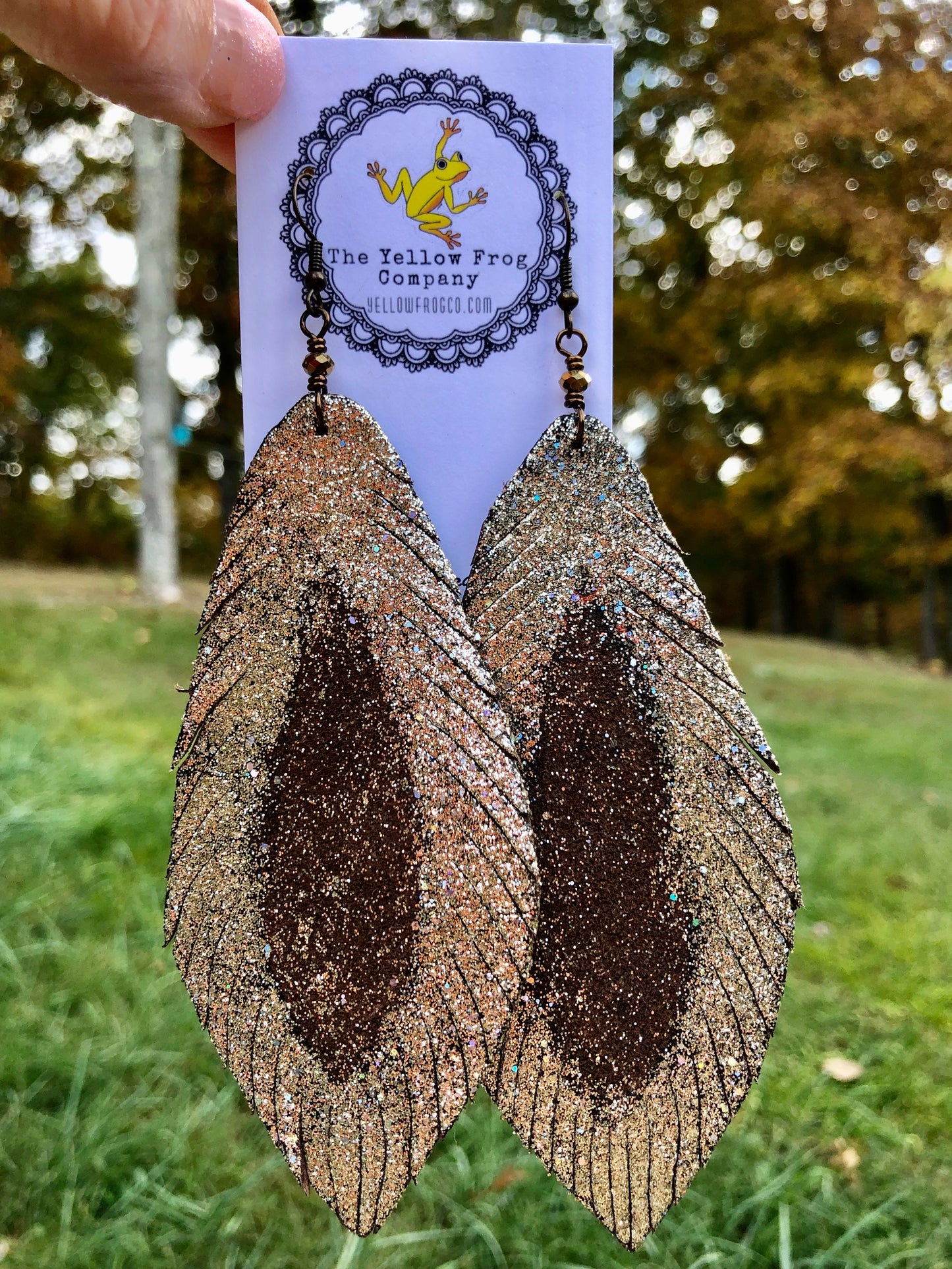 Yellowfrogco Large Light Gold Feather Earrings, Glitter Leather Statement Earrings, Oversized Feather Earrings, Big Leaves Earrings