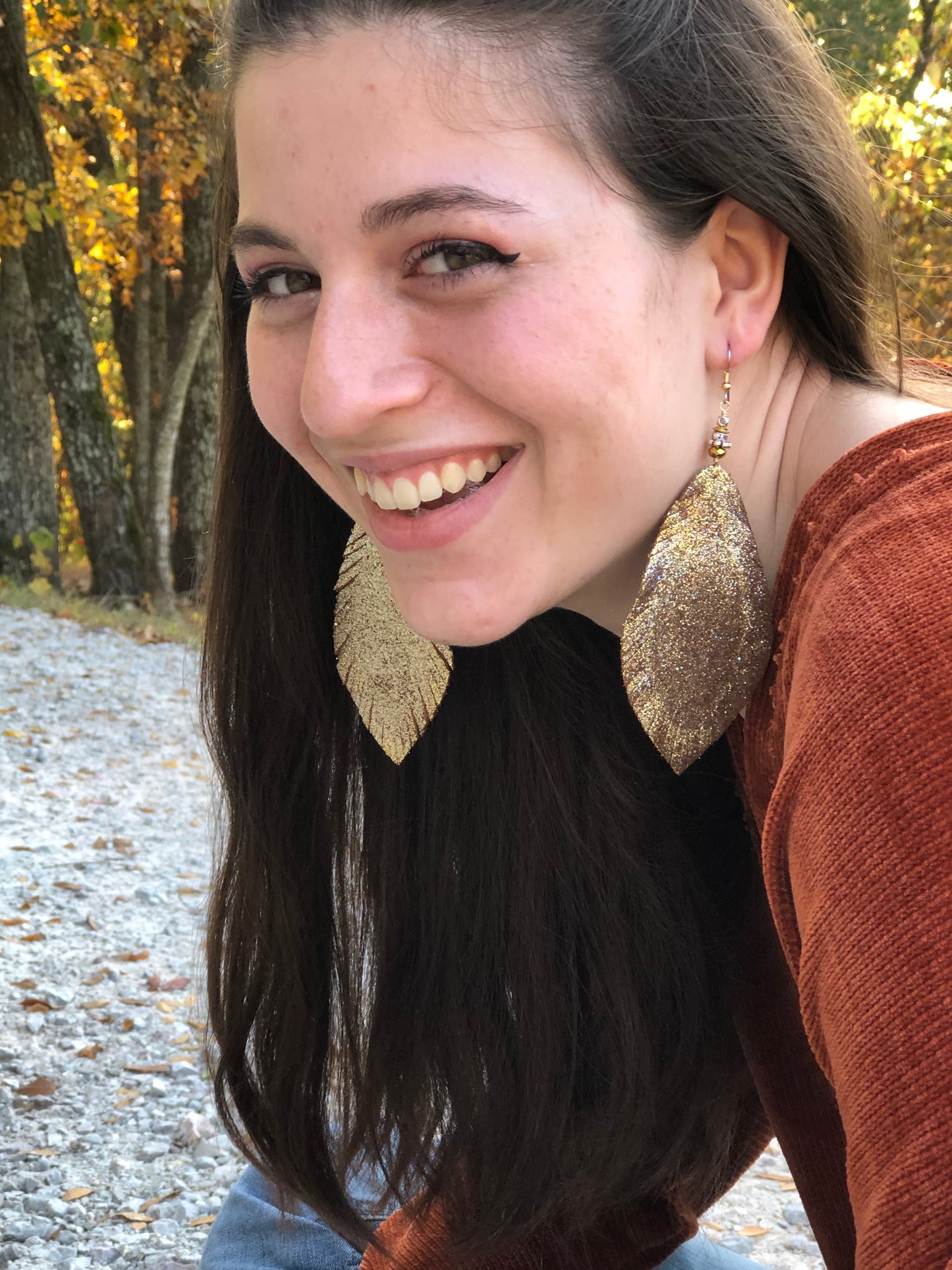 Yellowfrogco Large Light Gold Feather Earrings, Glitter Leather Statement Earrings, Oversized Feather Earrings, Big Leaves Earrings