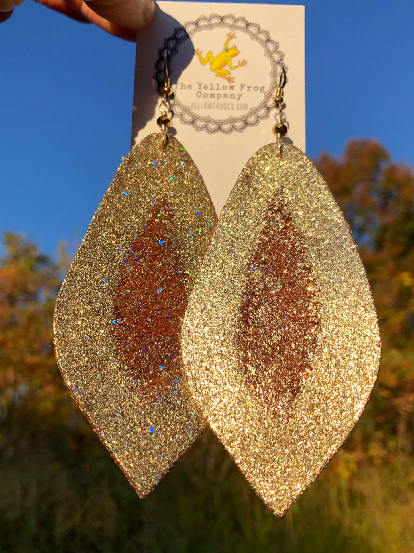 Yellowfrogco Large Light Gold Feather Earrings, Glitter Leather Statement Earrings, Oversized Feather Earrings, Big Leaves Earrings