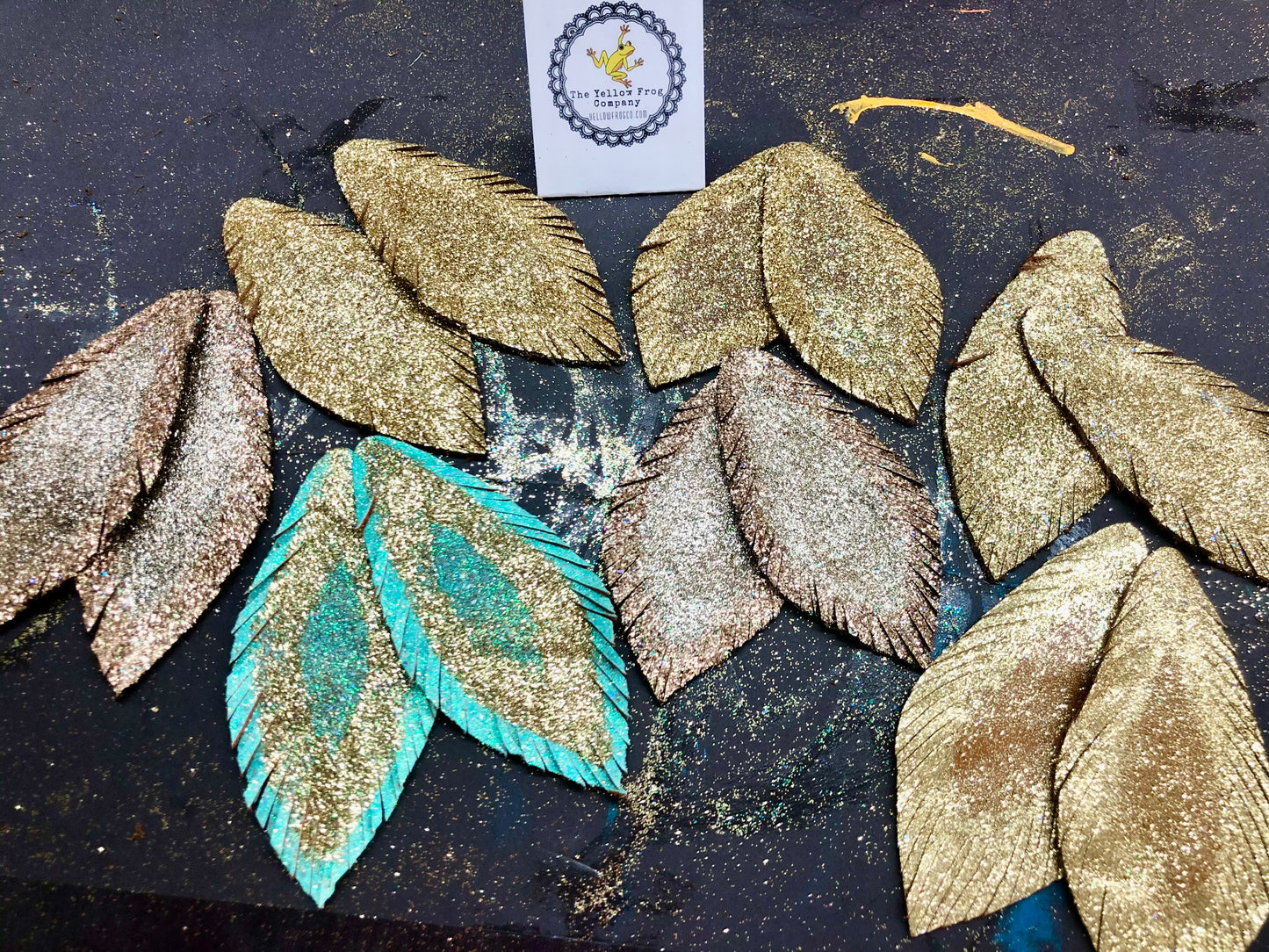 Yellowfrogco Large Light Gold Feather Earrings, Glitter Leather Statement Earrings, Oversized Feather Earrings, Big Leaves Earrings