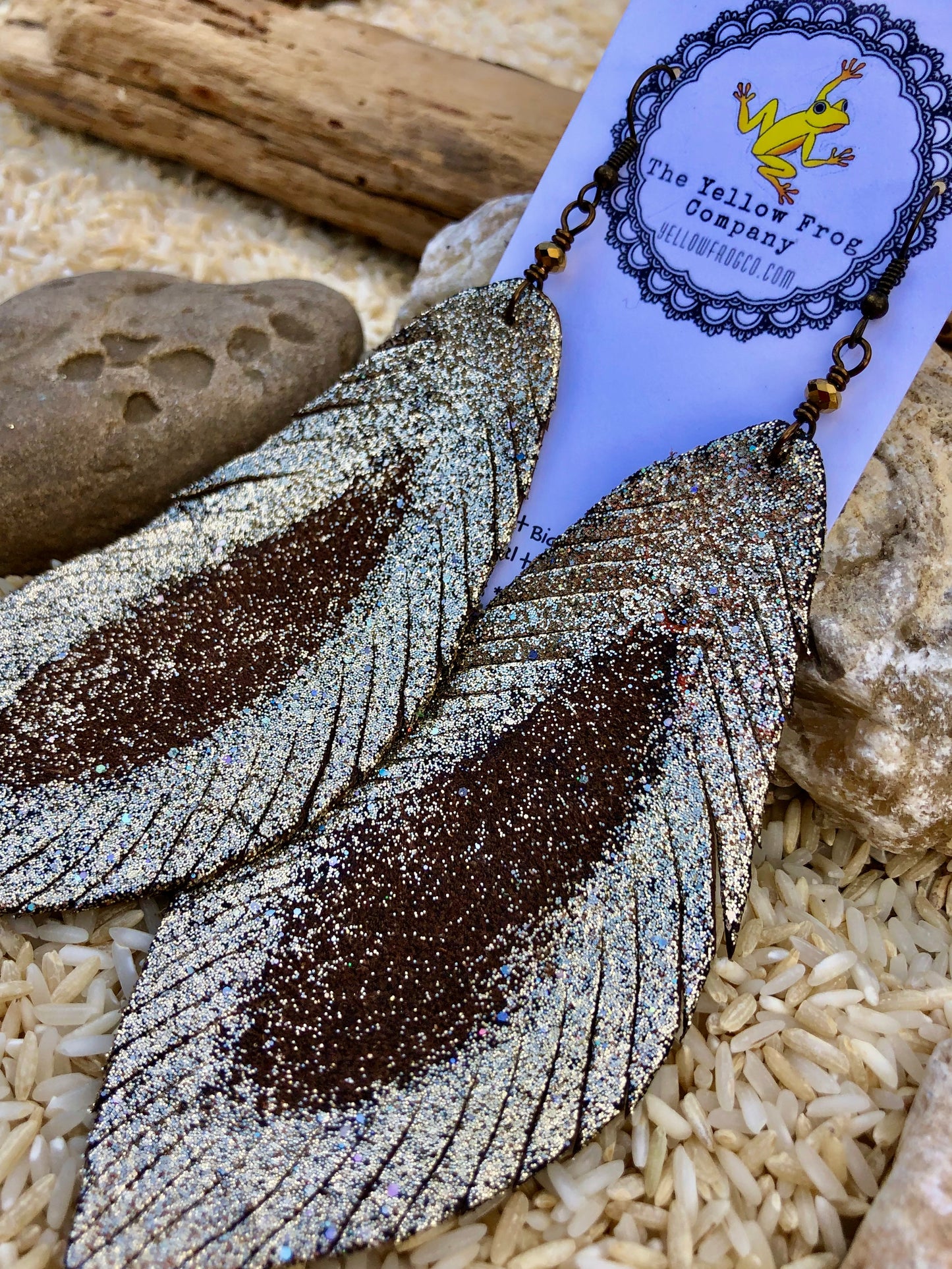 Yellowfrogco Large Light Gold Feather Earrings, Glitter Leather Statement Earrings, Oversized Feather Earrings, Big Leaves Earrings