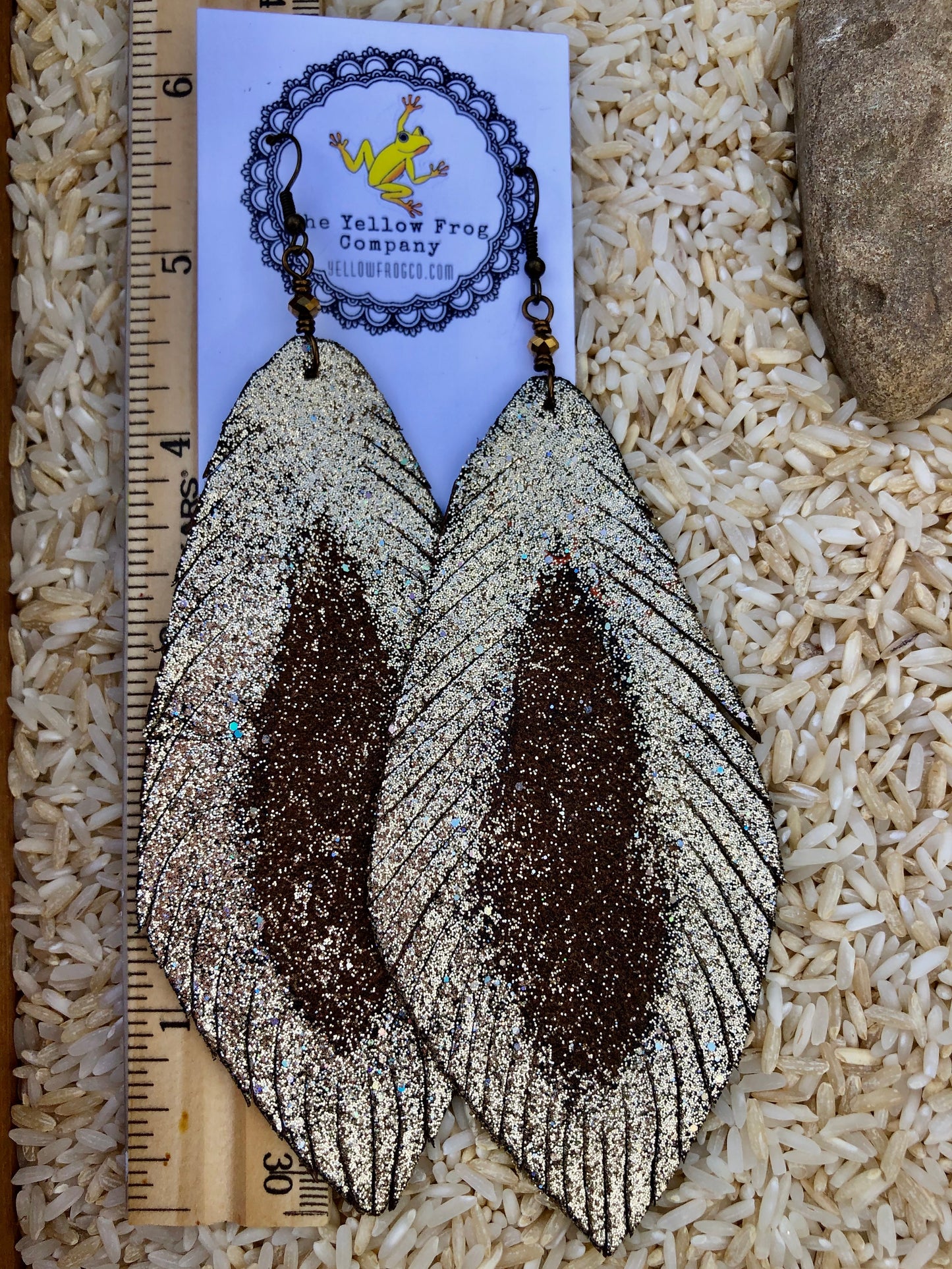 Yellowfrogco Large Light Gold Feather Earrings, Glitter Leather Statement Earrings, Oversized Feather Earrings, Big Leaves Earrings