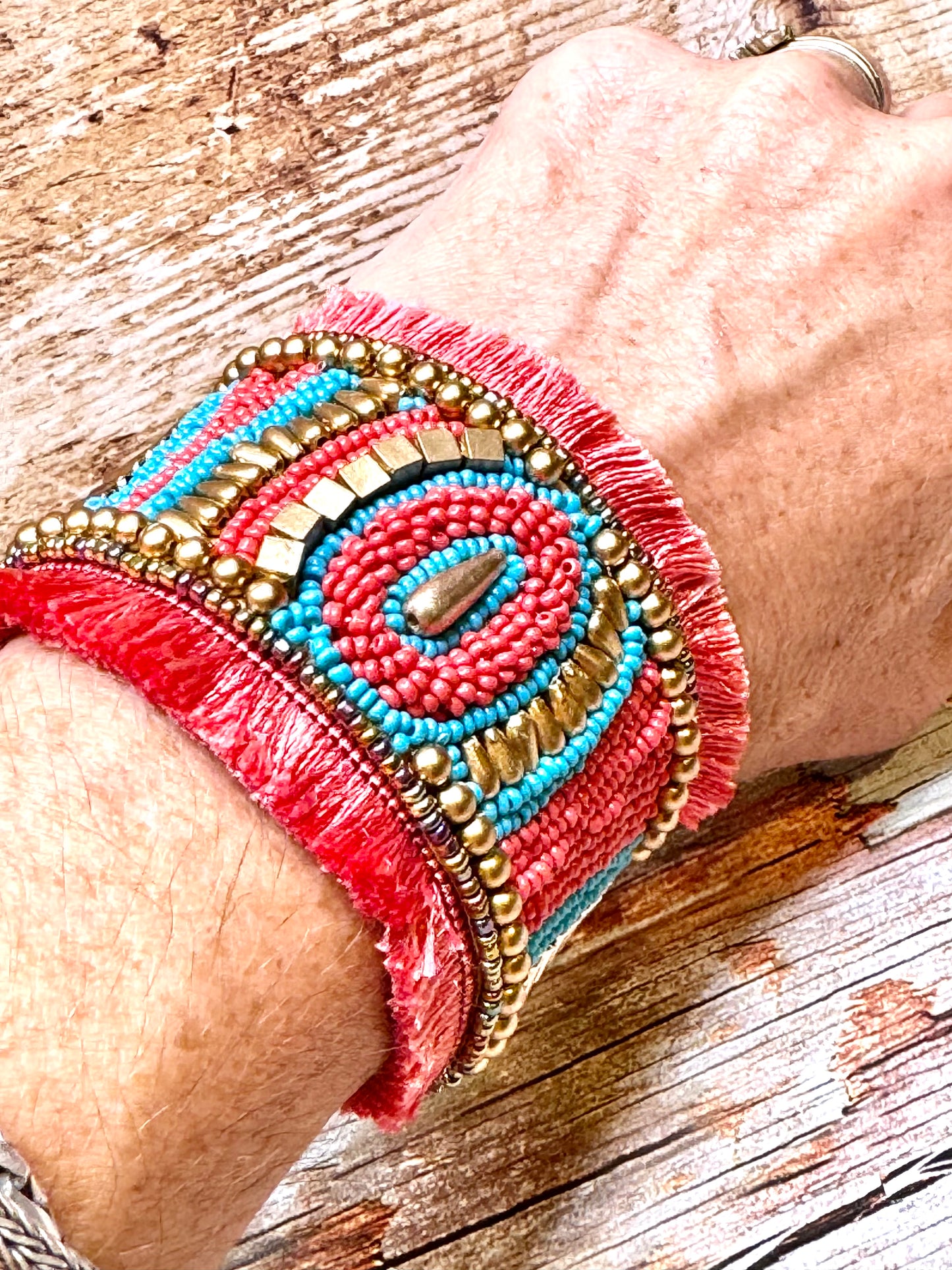 Beaded Cuff Bracelet Turquoise, Coral, Bronze