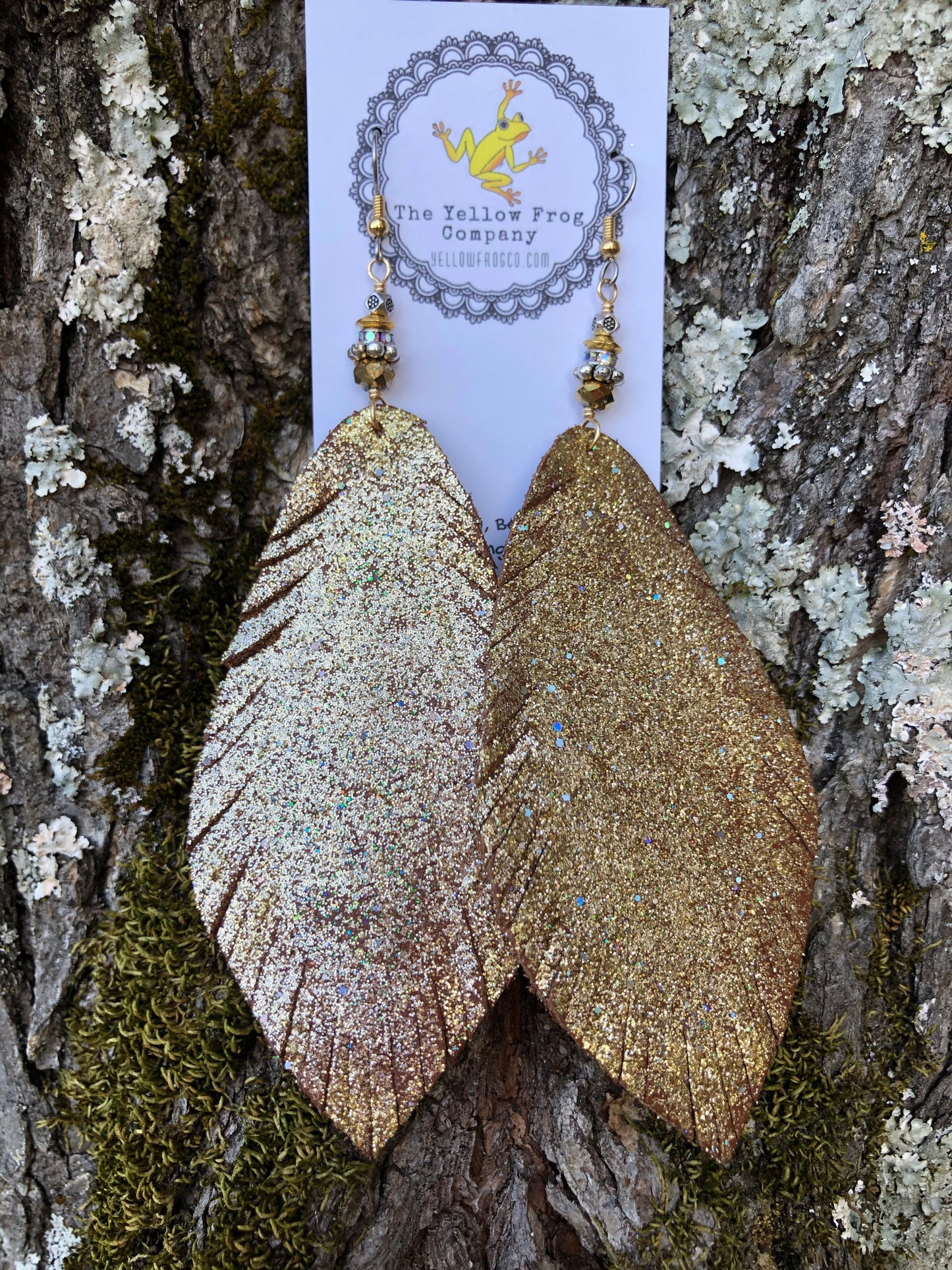 Yellowfrogco Large Light Gold Feather Earrings, Glitter Leather Statement Earrings, Oversized Feather Earrings, Big Leaves Earrings