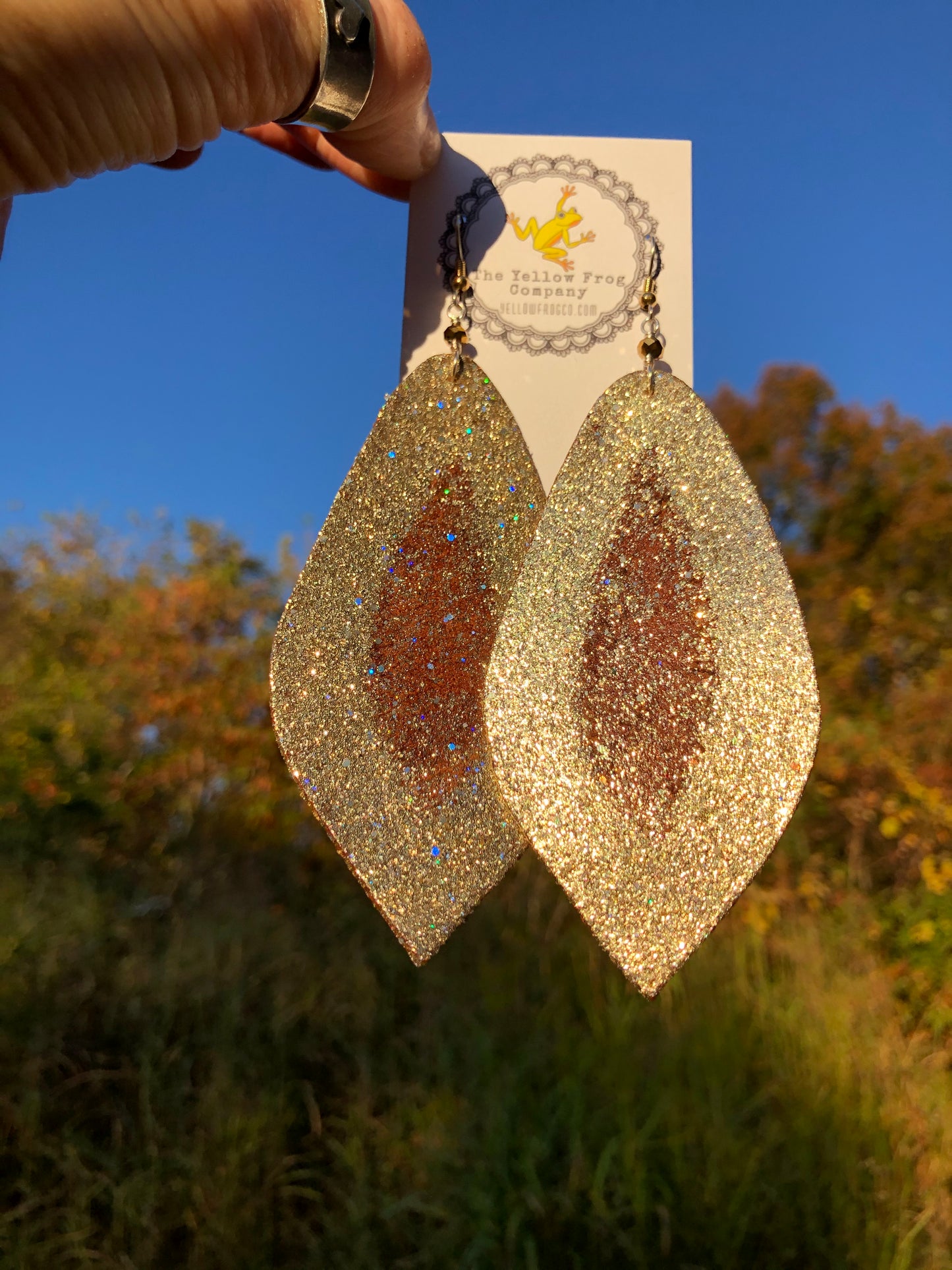 Yellowfrogco Large Light Gold Feather Earrings, Glitter Leather Statement Earrings, Oversized Feather Earrings, Big Leaves Earrings