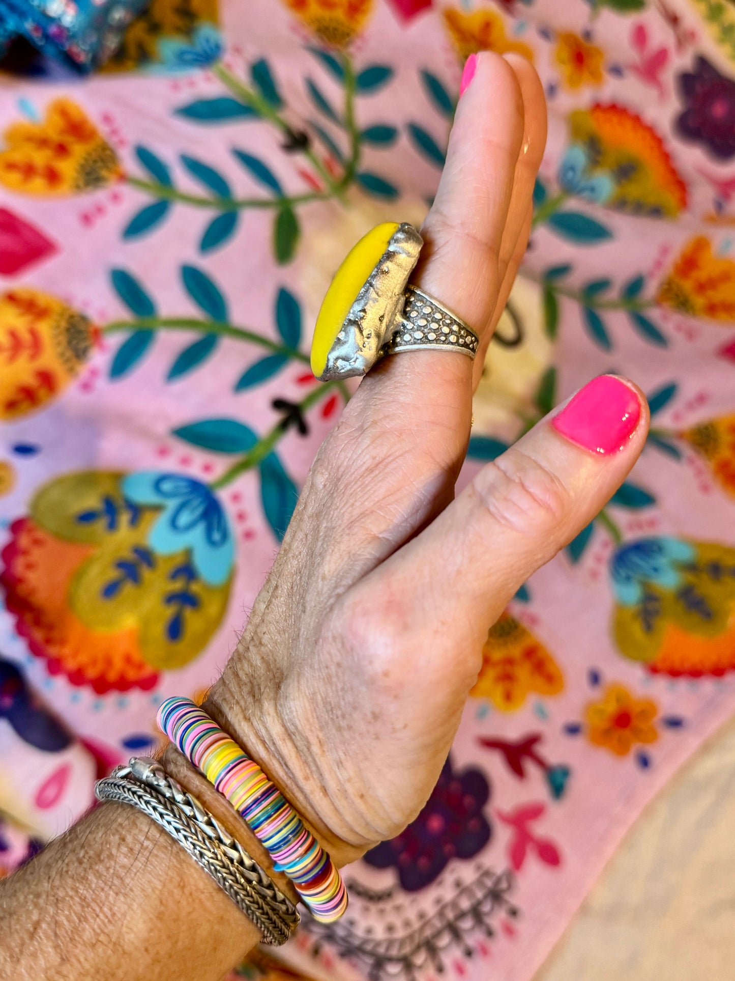Yellowfrogco Handmade Yellow Tagua Nut Silver Statement Ring. Hippie Cowboy Boho Ring Bohemian Ring