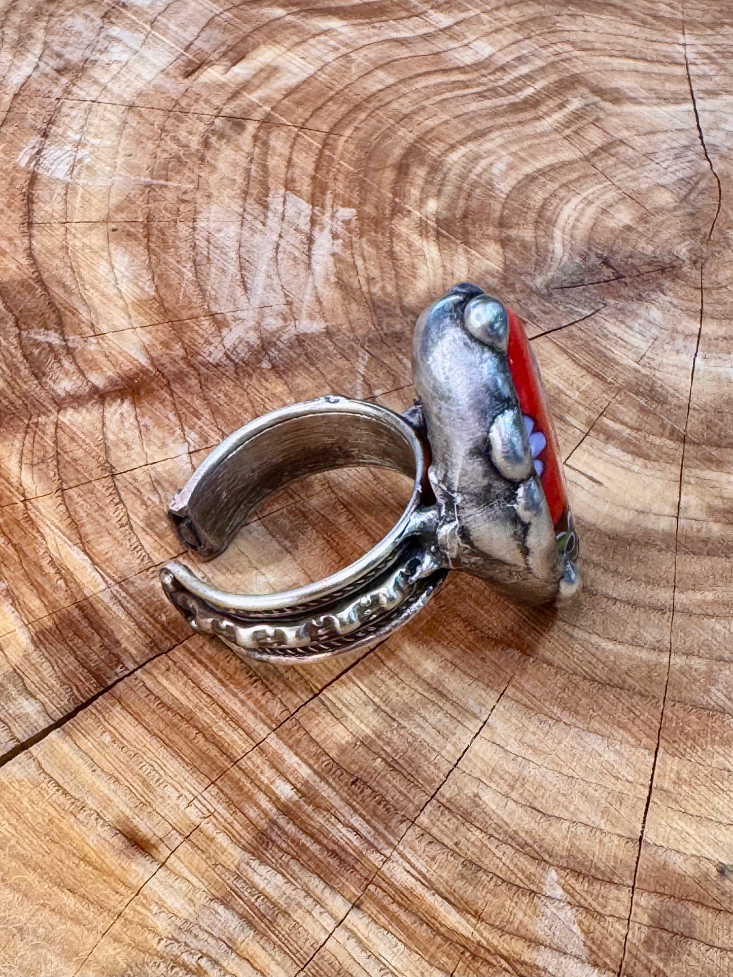 Yellowfrogco Handmade Millefiori Red Glass, Oval, Flower, Silver Statement Ring. Hippie Cowboy Boho Ring. Bohemian Ring
