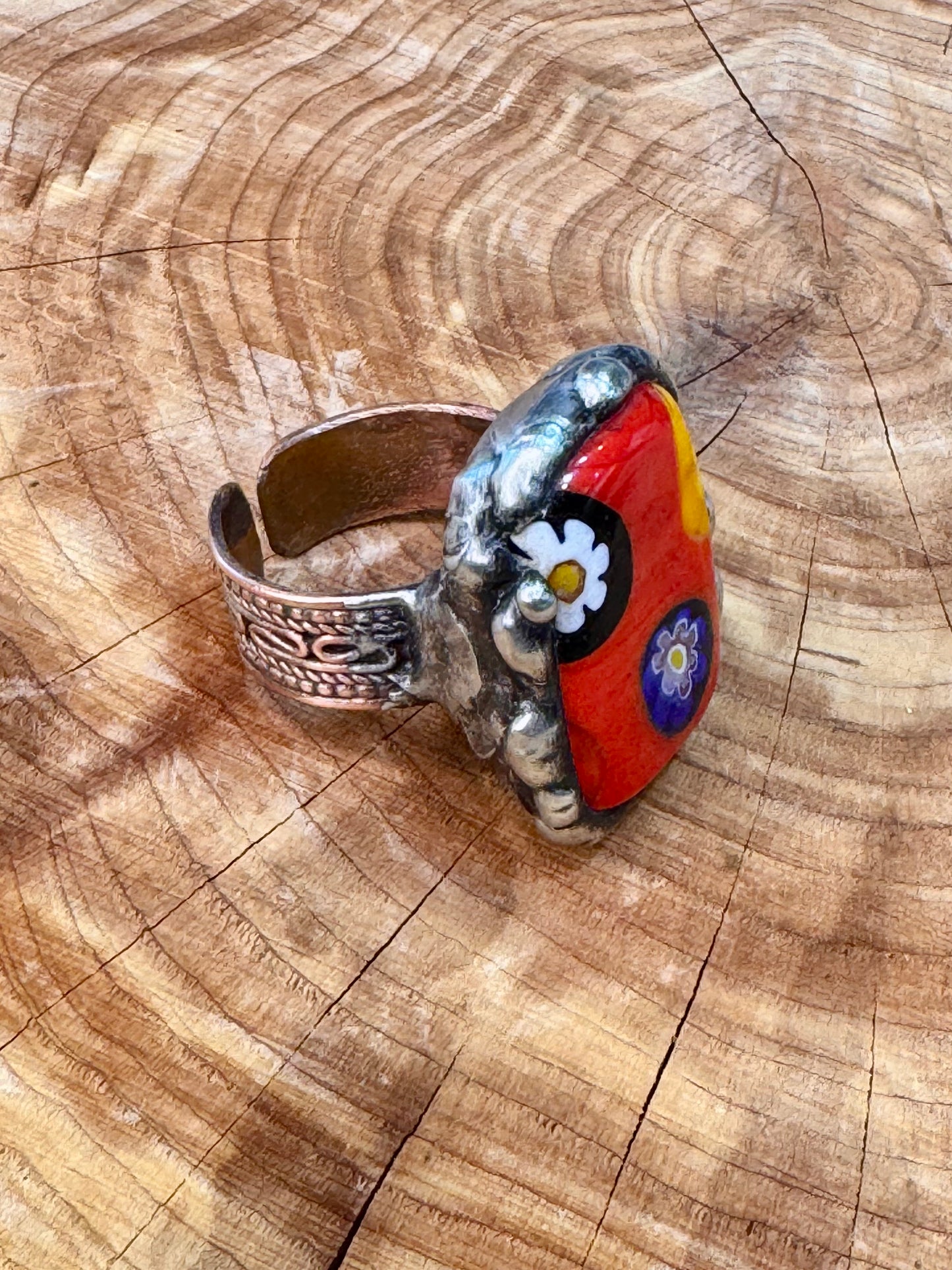 Yellowfrogco Handmade Millefiori Red Glass, Rectangle, Flower, Silver Statement Ring. Hippie Cowboy Boho Ring. Bohemian Ring