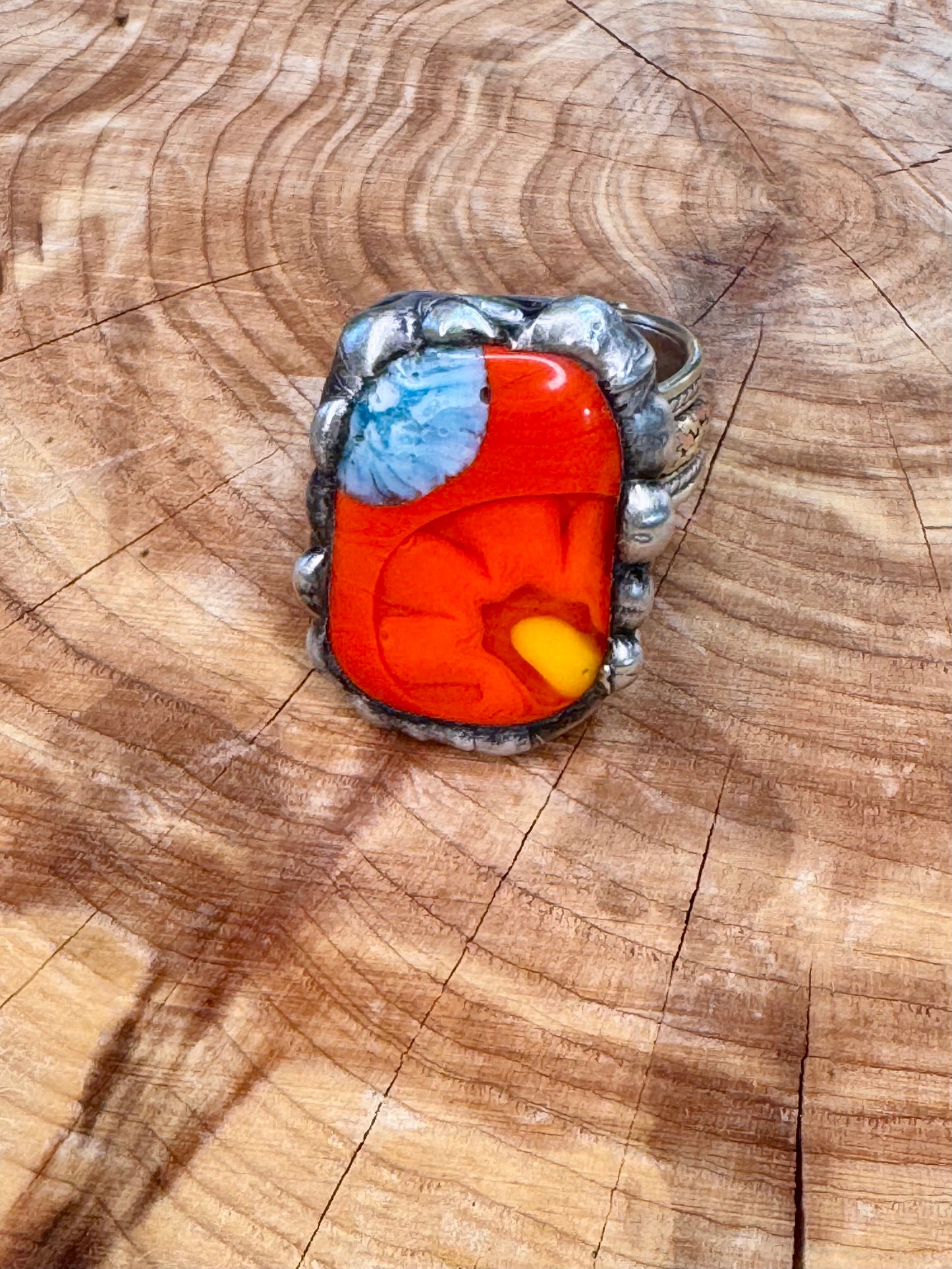 Yellowfrogco Handmade Millefiori Red Glass, Rectangle, Flower, Silver Statement Ring. Hippie Cowboy Boho Ring. Bohemian Ring