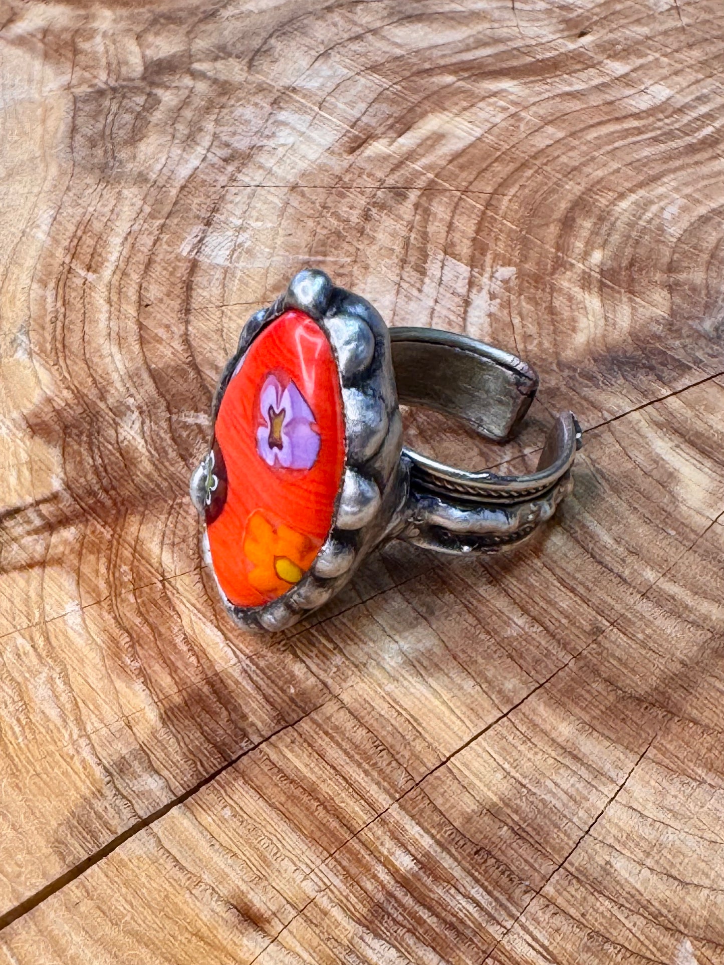 Yellowfrogco Handmade Millefiori Red Glass, Oval, Flower, Silver Statement Ring. Hippie Cowboy Boho Ring. Bohemian Ring