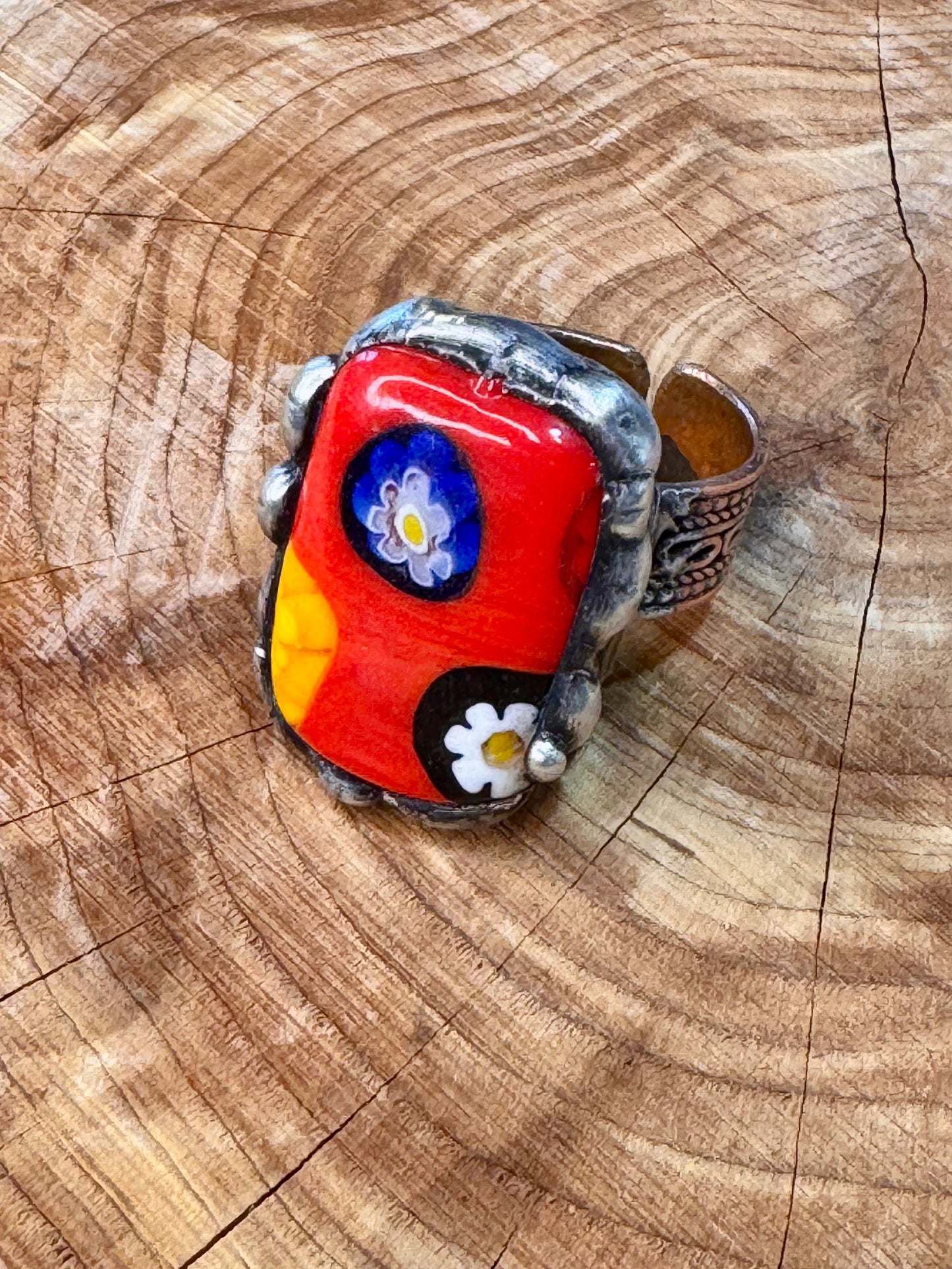 Yellowfrogco Handmade Millefiori Red Glass, Rectangle, Flower, Silver Statement Ring. Hippie Cowboy Boho Ring. Bohemian Ring