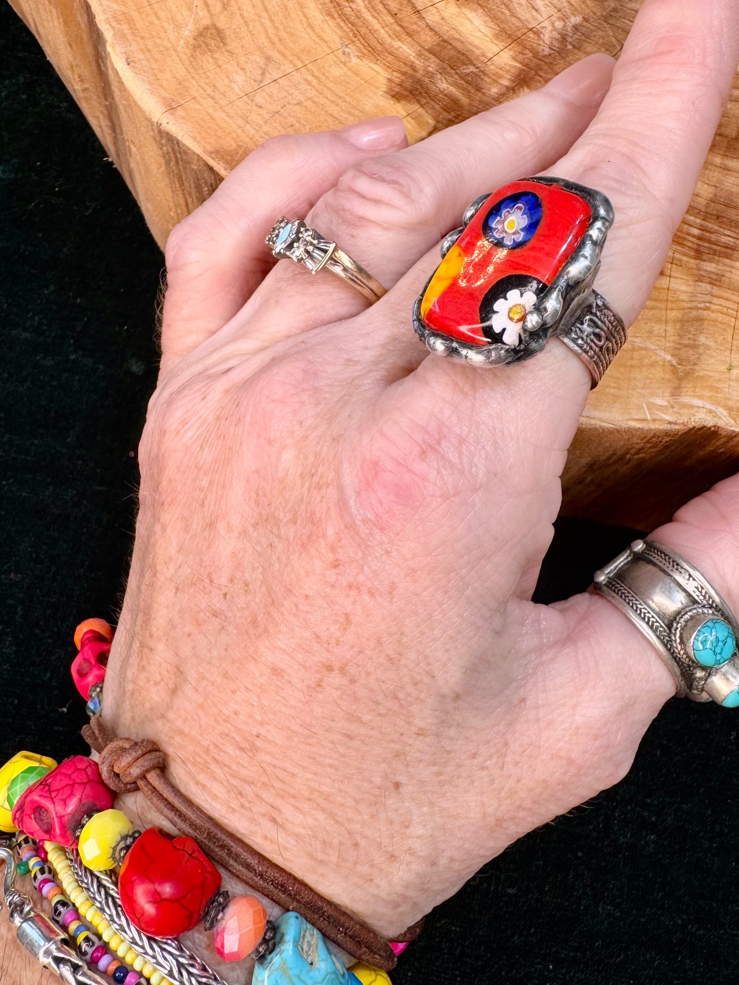 Yellowfrogco Handmade Millefiori Red Glass, Rectangle, Flower, Silver Statement Ring. Hippie Cowboy Boho Ring. Bohemian Ring