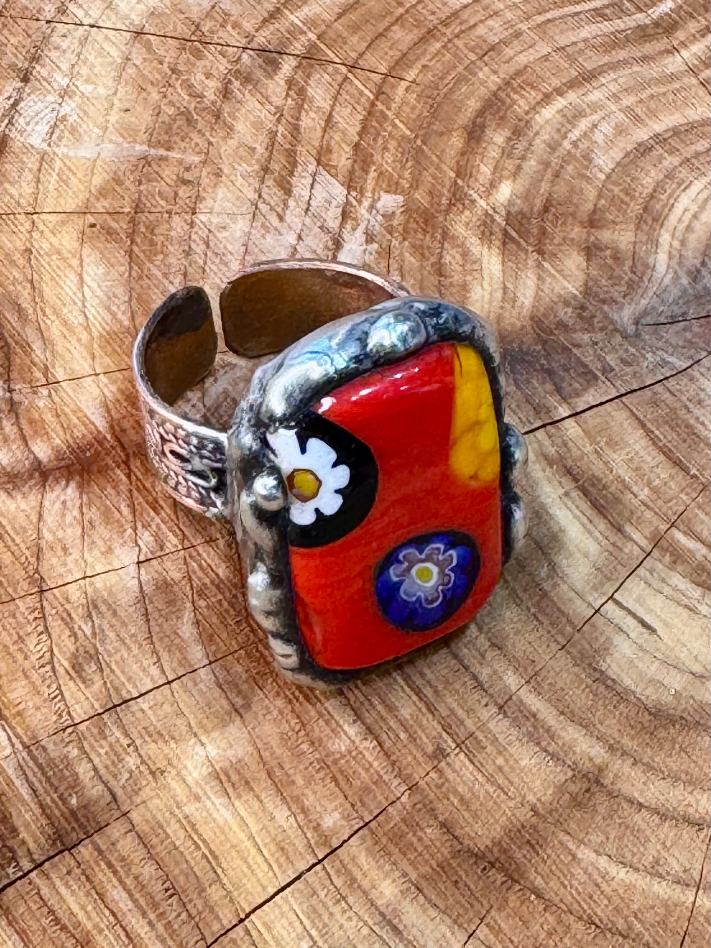 Yellowfrogco Handmade Millefiori Red Glass, Rectangle, Flower, Silver Statement Ring. Hippie Cowboy Boho Ring. Bohemian Ring