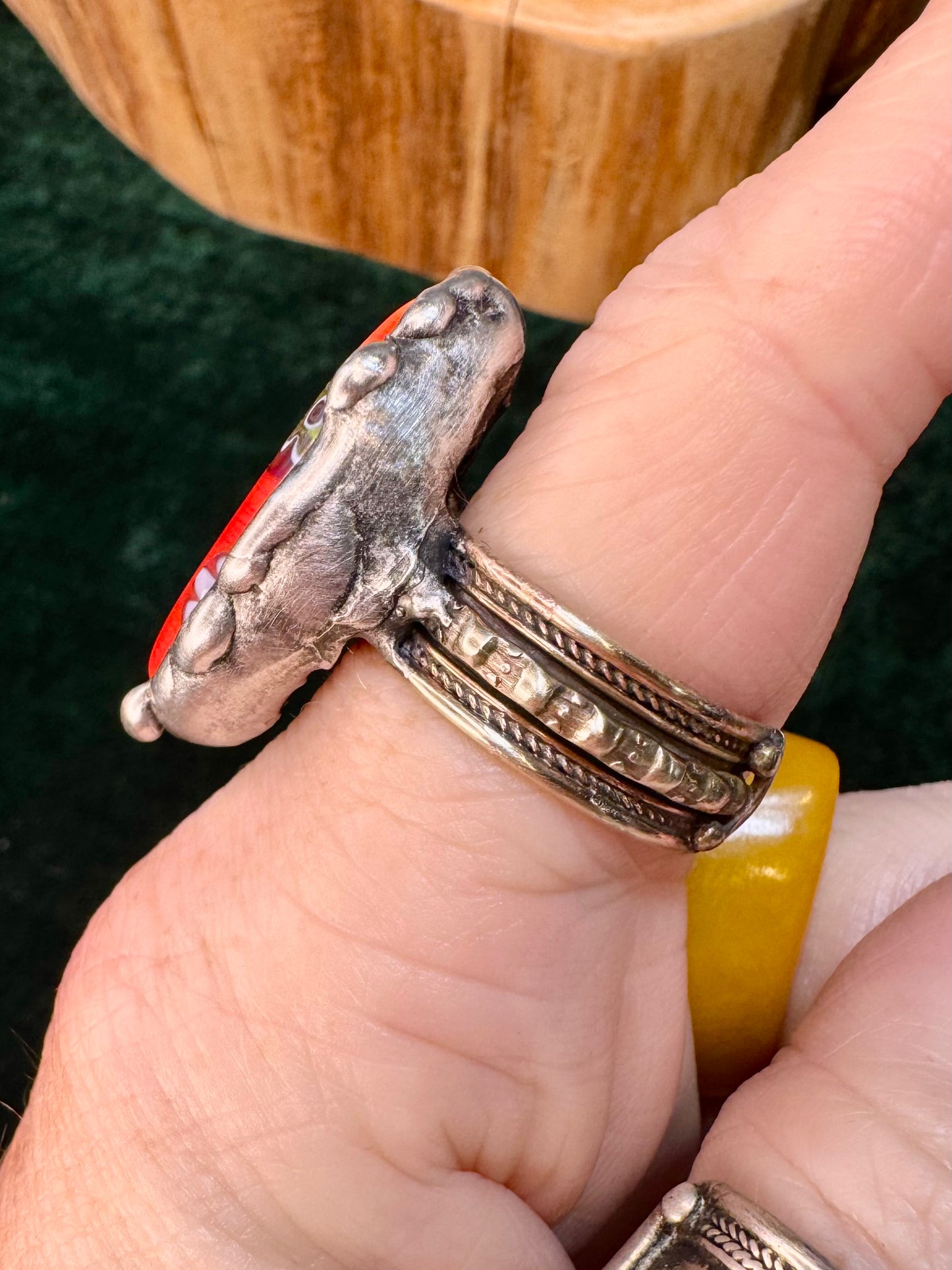 Yellowfrogco Handmade Millefiori Red Glass, Oval, Flower, Silver Statement Ring. Hippie Cowboy Boho Ring. Bohemian Ring