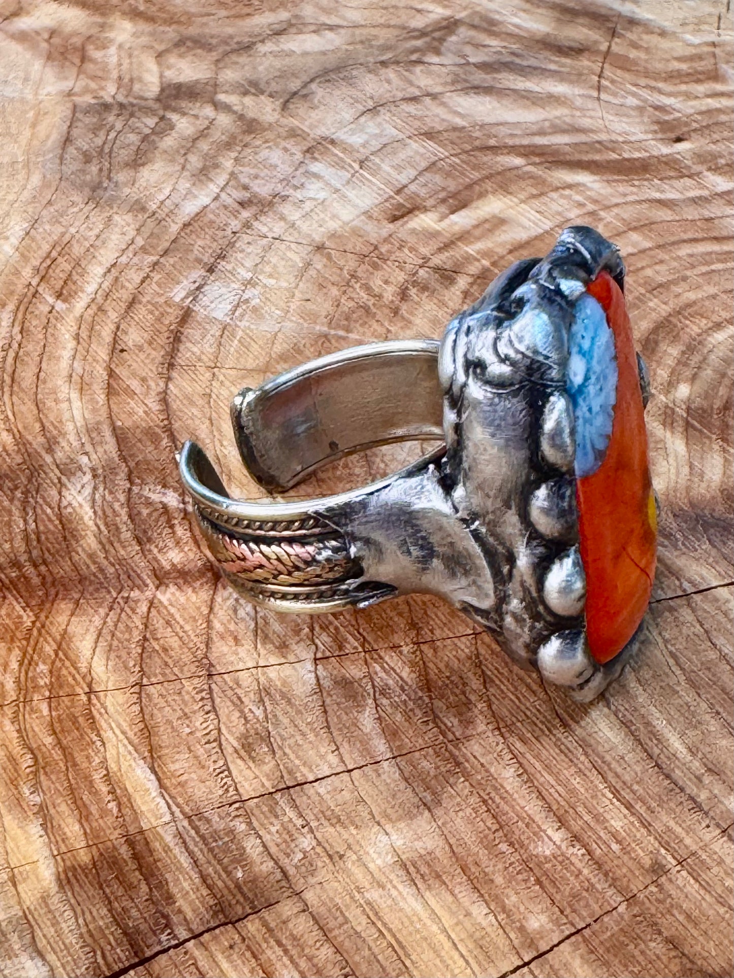Yellowfrogco Handmade Millefiori Red Glass, Rectangle, Flower, Silver Statement Ring. Hippie Cowboy Boho Ring. Bohemian Ring