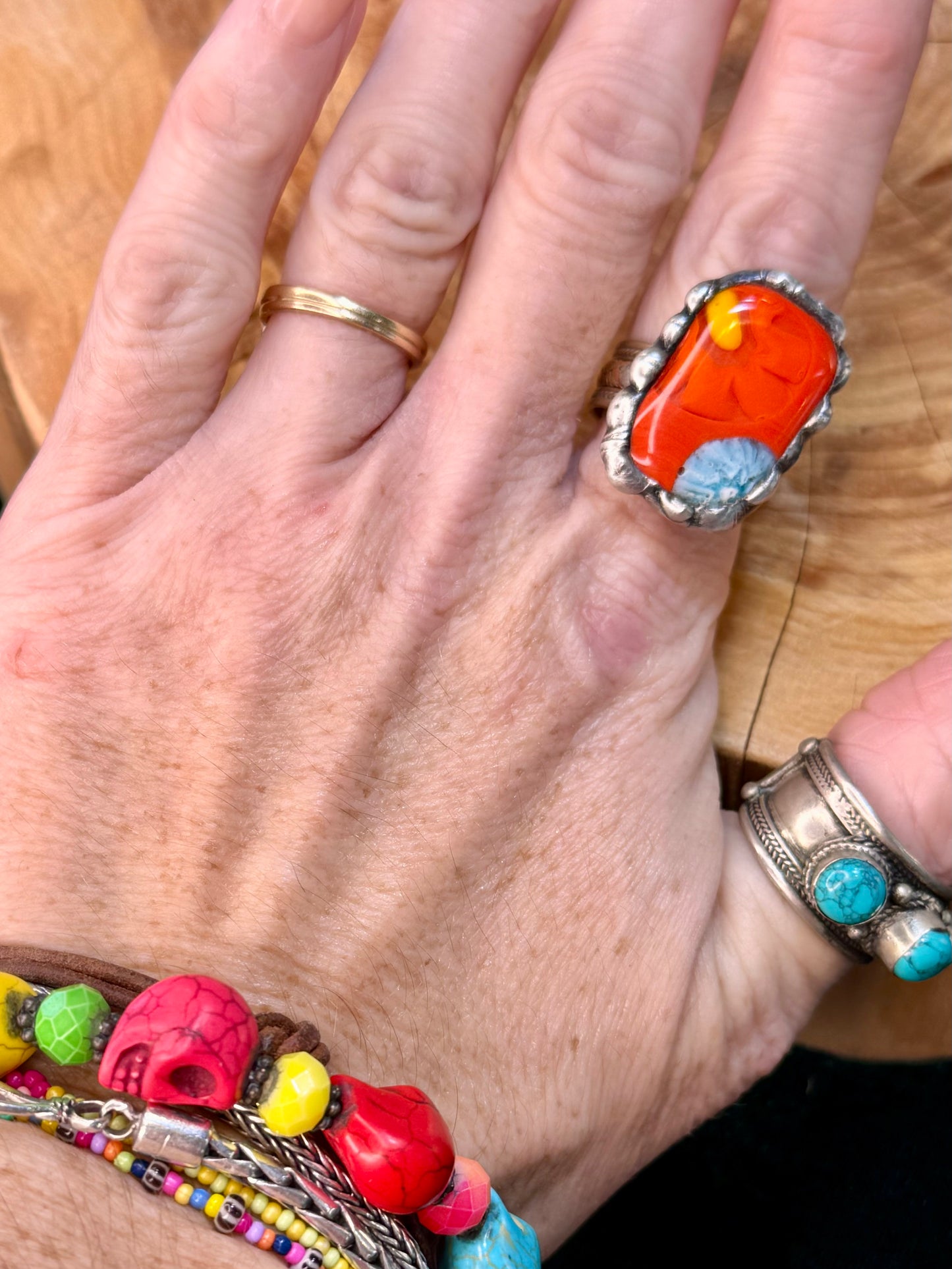 Yellowfrogco Handmade Millefiori Red Glass, Rectangle, Flower, Silver Statement Ring. Hippie Cowboy Boho Ring. Bohemian Ring