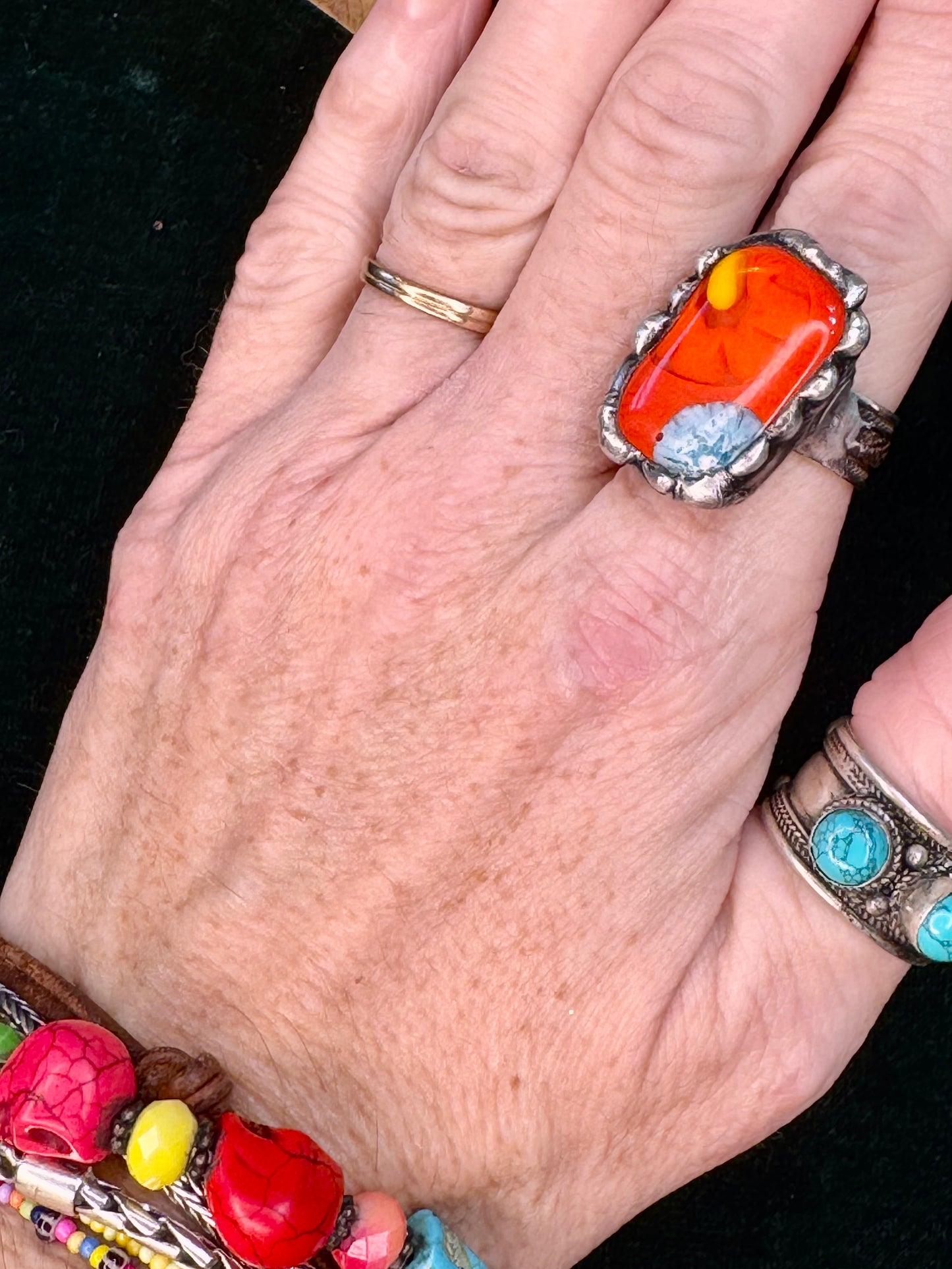 Yellowfrogco Handmade Millefiori Red Glass, Rectangle, Flower, Silver Statement Ring. Hippie Cowboy Boho Ring. Bohemian Ring