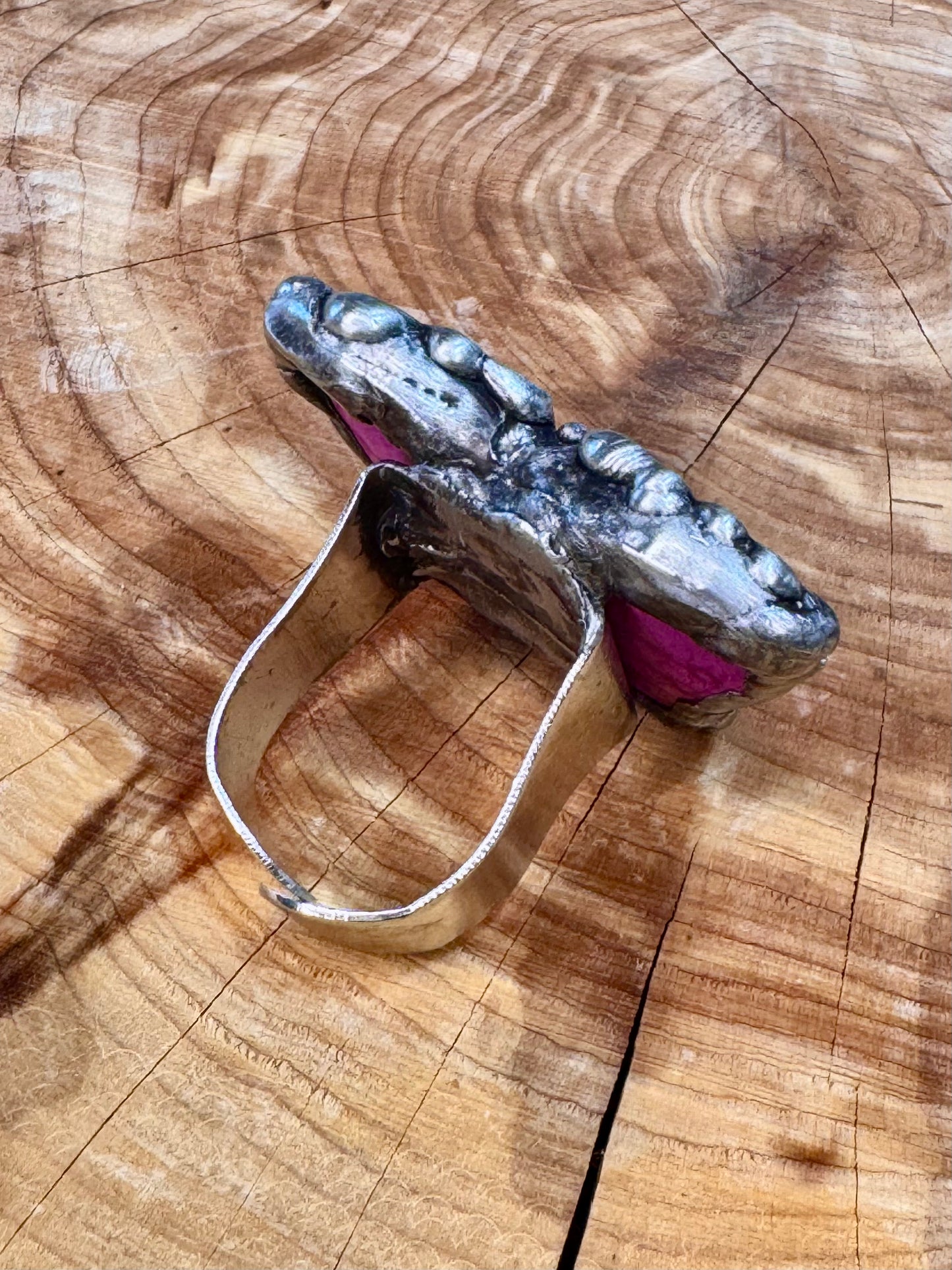 Yellowfrogco Handmade Fuchsia Purple Butterfly Silver Statement Ring. Gemstone Hippie Cowboy Boho Ring. Bohemian Ring