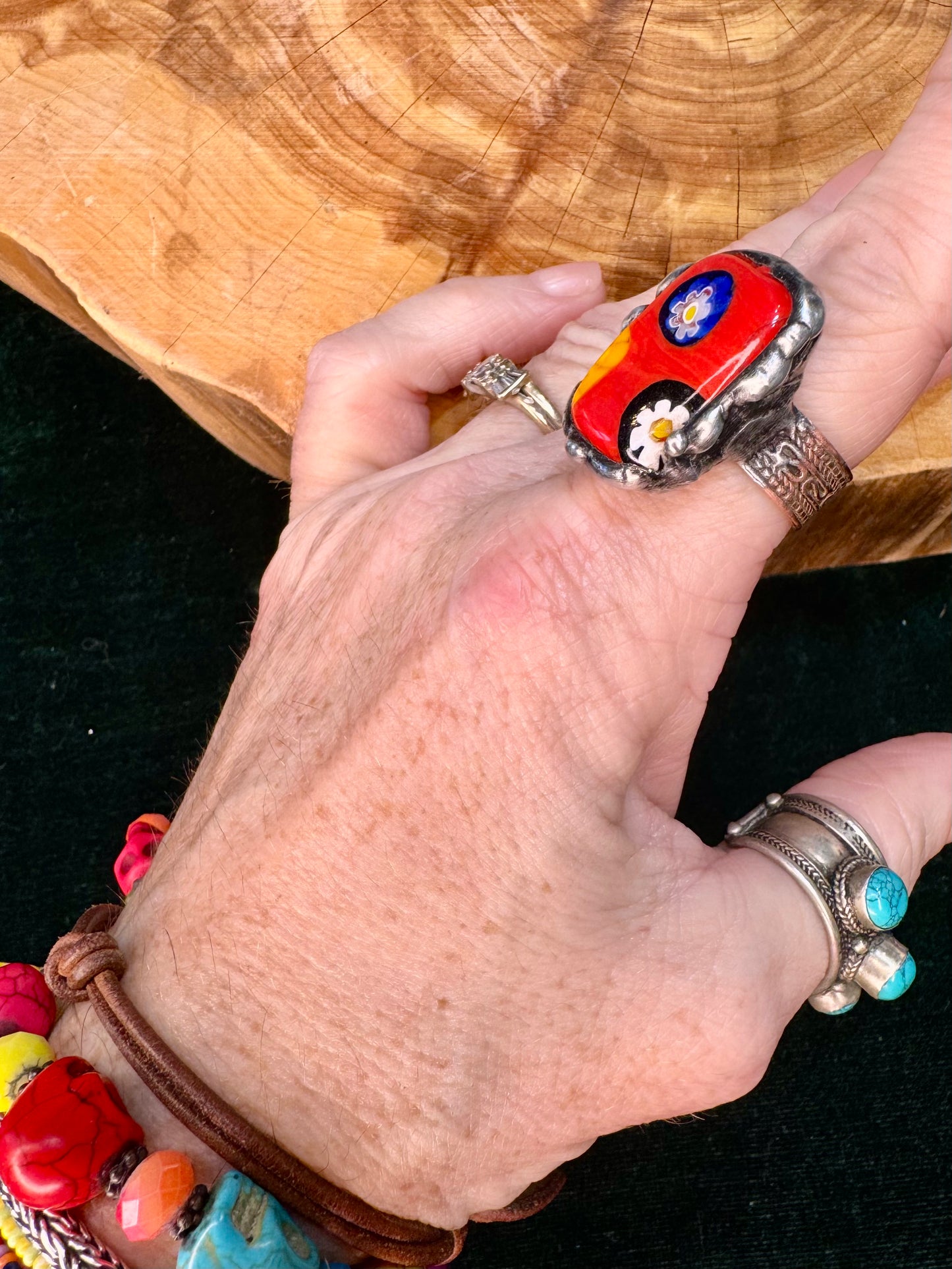 Yellowfrogco Handmade Millefiori Red Glass, Rectangle, Flower, Silver Statement Ring. Hippie Cowboy Boho Ring. Bohemian Ring
