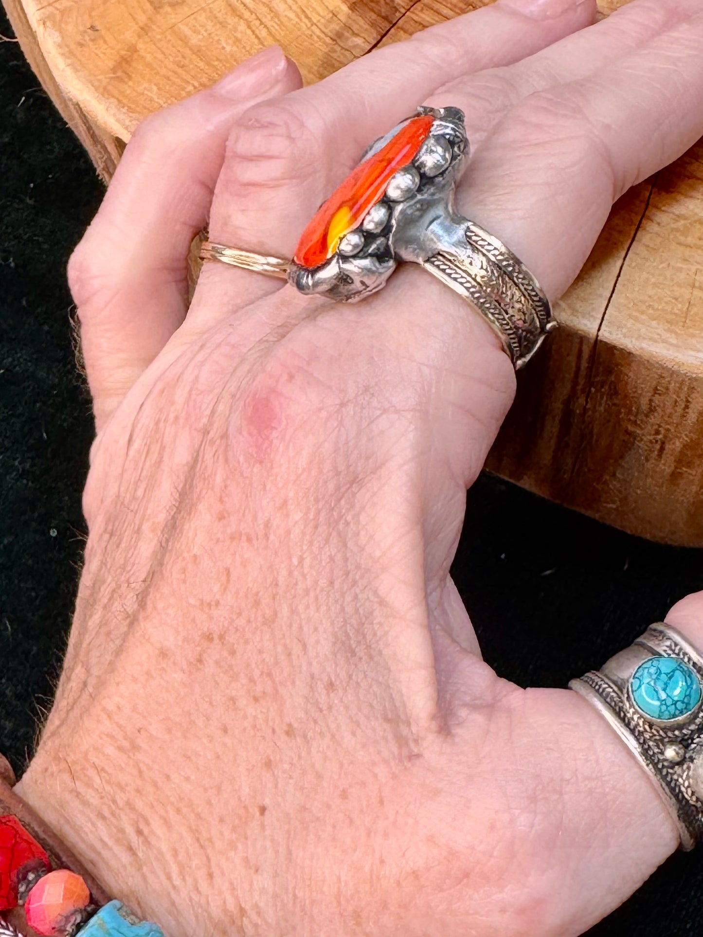 Yellowfrogco Handmade Millefiori Red Glass, Rectangle, Flower, Silver Statement Ring. Hippie Cowboy Boho Ring. Bohemian Ring