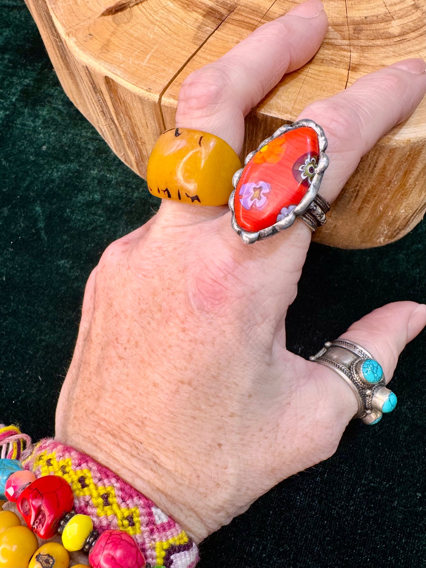 Yellowfrogco Handmade Millefiori Red Glass, Oval, Flower, Silver Statement Ring. Hippie Cowboy Boho Ring. Bohemian Ring