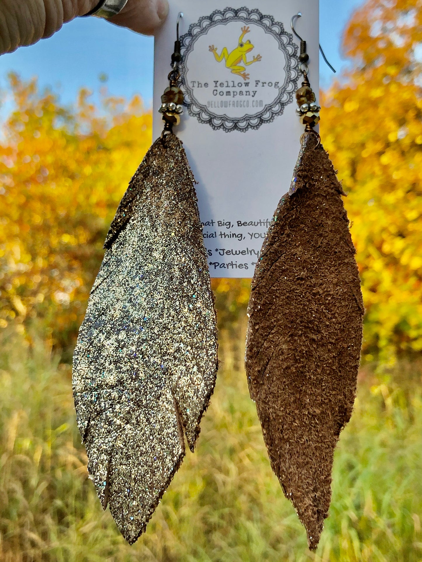 Yellowfrogco Handmade Large Gold Feather Earrings, Glitter Leather Statement Earrings, Oversized Feather Earrings, Big Leaves Earrings