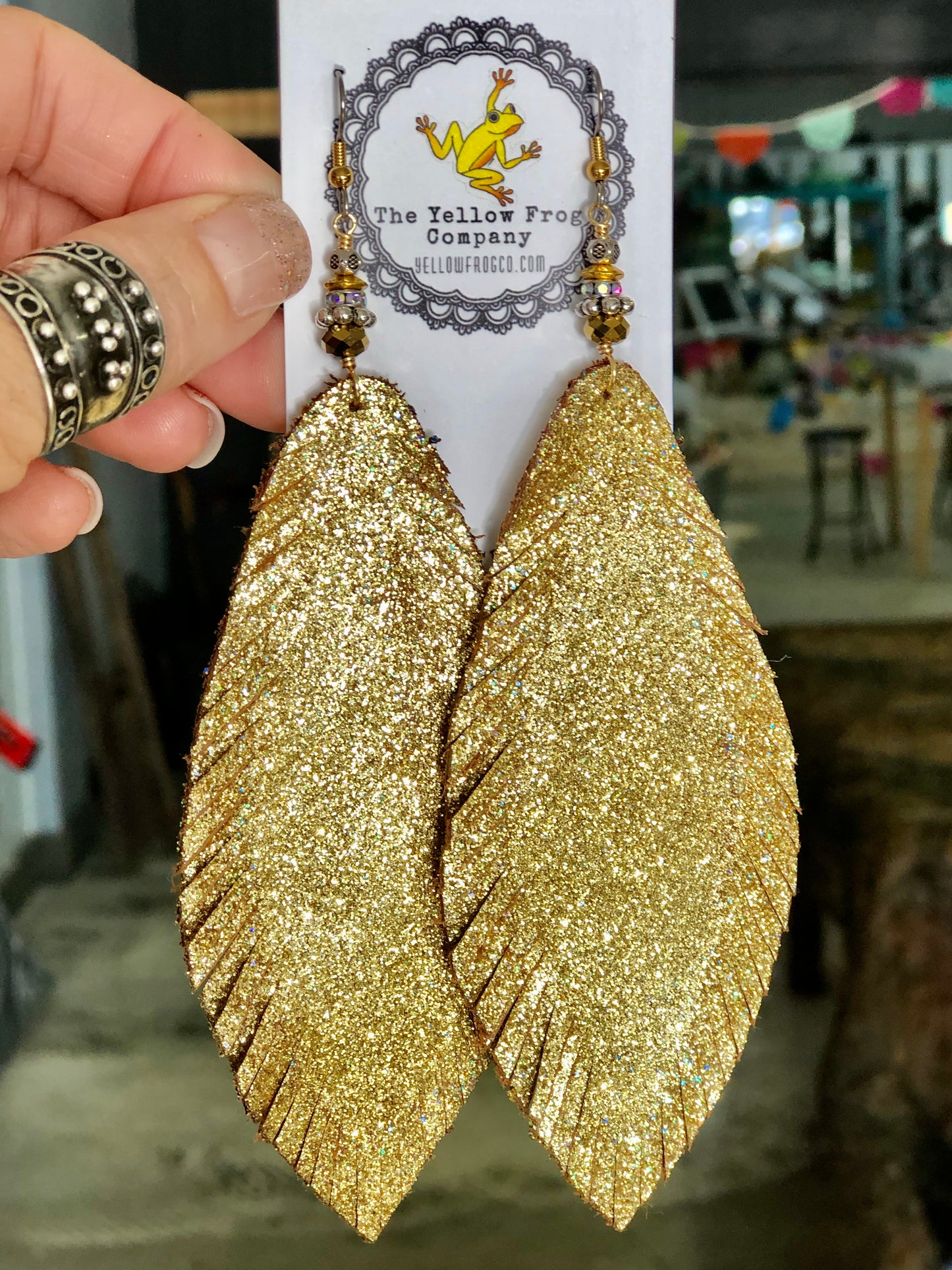 Yellowfrogco Handmade Large Gold Feather Earrings, Glitter Leather Statement Earrings, Oversized Feather Earrings, Big Leaves Earrings