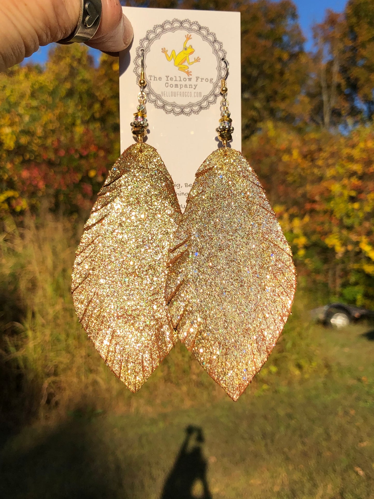 Yellowfrogco Handmade Large Gold Feather Earrings, Glitter Leather Statement Earrings, Oversized Feather Earrings, Big Leaves Earrings