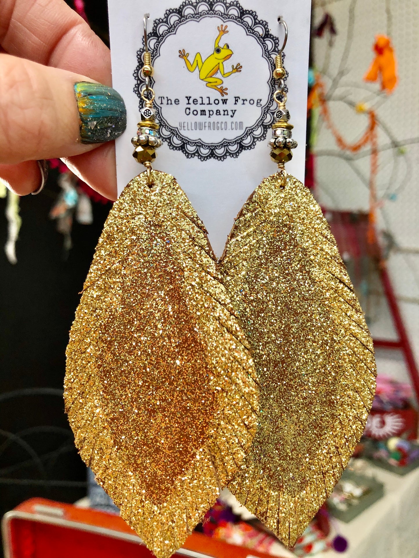 Yellowfrogco Handmade Large Gold Feather Earrings, Glitter Leather Statement Earrings, Oversized Feather Earrings, Big Leaves Earrings