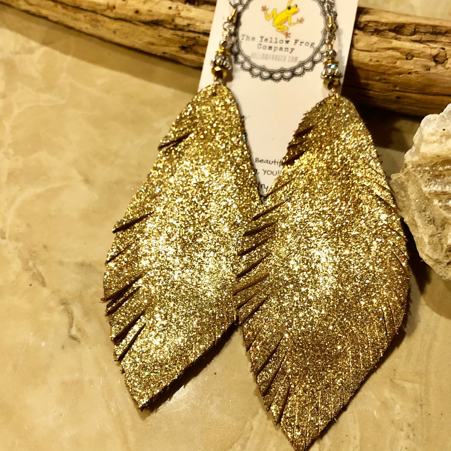 Yellowfrogco Handmade Large Gold Feather Earrings, Glitter Leather Statement Earrings, Oversized Feather Earrings, Big Leaves Earrings