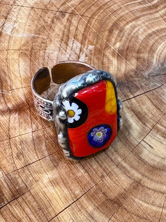 Yellowfrogco Handmade Millefiori Red Glass, Rectangle, Flower, Silver Statement Ring. Hippie Cowboy Boho Ring. Bohemian Ring