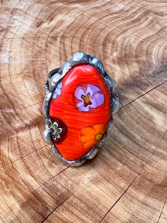 Yellowfrogco Handmade Millefiori Red Glass, Oval, Flower, Silver Statement Ring. Hippie Cowboy Boho Ring. Bohemian Ring