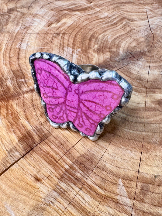Yellowfrogco Handmade Fuchsia Purple Butterfly Silver Statement Ring. Gemstone Hippie Cowboy Boho Ring. Bohemian Ring