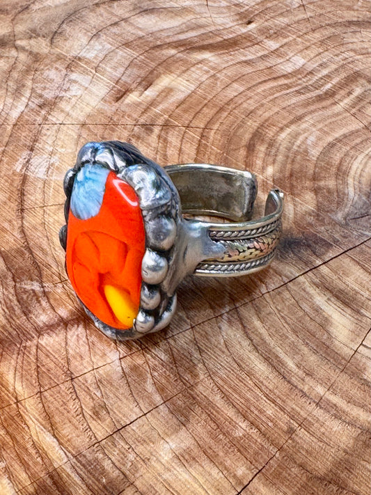 Yellowfrogco Handmade Millefiori Red Glass, Rectangle, Flower, Silver Statement Ring. Hippie Cowboy Boho Ring. Bohemian Ring